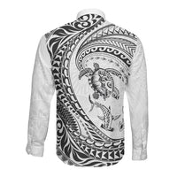 Hawaiian Turtle and Shark Long Sleeve Button Shirt Kakau Tribal with Polynesian Pattern White Color