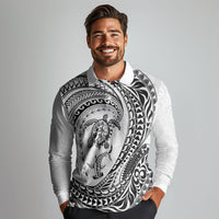 Hawaiian Turtle and Shark Long Sleeve Polo Shirt Kakau Tribal with Polynesian Pattern White Color