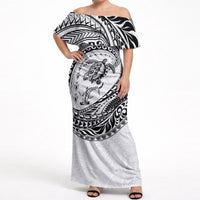 Hawaiian Turtle and Shark Off Shoulder Maxi Dress Kakau Tribal with Polynesian Pattern White Color
