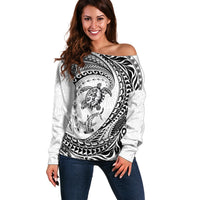 Hawaiian Turtle and Shark Off Shoulder Sweater Kakau Tribal with Polynesian Pattern White Color