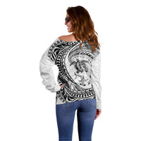 Hawaiian Turtle and Shark Off Shoulder Sweater Kakau Tribal with Polynesian Pattern White Color