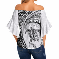 Hawaiian Turtle and Shark Off Shoulder Wrap Waist Top Kakau Tribal with Polynesian Pattern White Color
