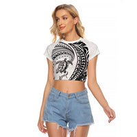 Hawaiian Turtle and Shark Raglan Cropped T Shirt Kakau Tribal with Polynesian Pattern White Color