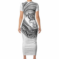 Hawaiian Turtle and Shark Short Sleeve Bodycon Dress Kakau Tribal with Polynesian Pattern White Color