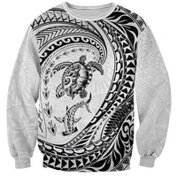 Hawaiian Turtle and Shark Sweatshirt Kakau Tribal with Polynesian Pattern White Color