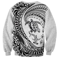 Hawaiian Turtle and Shark Sweatshirt Kakau Tribal with Polynesian Pattern White Color