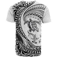 Hawaiian Turtle and Shark T Shirt Kakau Tribal with Polynesian Pattern White Color