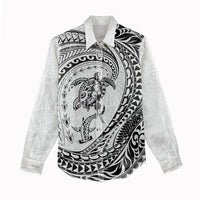 Hawaiian Turtle and Shark Women Casual Shirt Kakau Tribal with Polynesian Pattern White Color