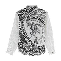 Hawaiian Turtle and Shark Women Casual Shirt Kakau Tribal with Polynesian Pattern White Color