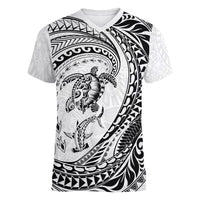 Hawaiian Turtle and Shark Women V-Neck T-Shirt Kakau Tribal with Polynesian Pattern White Color