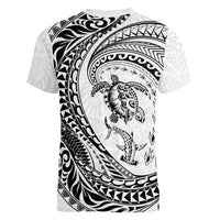 Hawaiian Turtle and Shark Women V-Neck T-Shirt Kakau Tribal with Polynesian Pattern White Color