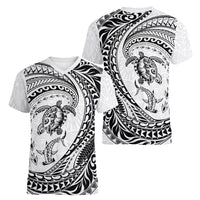 Hawaiian Turtle and Shark Women V-Neck T-Shirt Kakau Tribal with Polynesian Pattern White Color