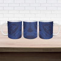 Hawaiian Turtle and Shark Ceramic Mug Kakau Tribal with Polynesian Pattern Blue Color