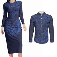 Hawaiian Turtle and Shark Couples Matching Long Sleeve Bodycon Dress and Long Sleeve Button Shirt Kakau Tribal with Polynesian Pattern Blue Color