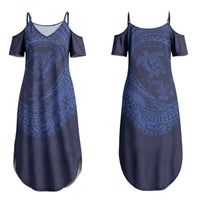 Hawaiian Turtle and Shark Couples Matching Summer Maxi Dress and Long Sleeve Button Shirt Kakau Tribal with Polynesian Pattern Blue Color
