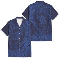 Hawaiian Turtle and Shark Family Matching Puletasi and Hawaiian Shirt Kakau Tribal with Polynesian Pattern Blue Color