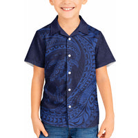 Hawaiian Turtle and Shark Kid Hawaiian Shirt Kakau Tribal with Polynesian Pattern Blue Color