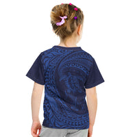 Hawaiian Turtle and Shark Kid T Shirt Kakau Tribal with Polynesian Pattern Blue Color