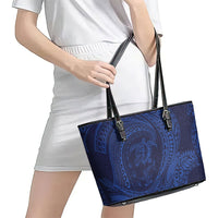 Hawaiian Turtle and Shark Leather Tote Bag Kakau Tribal with Polynesian Pattern Blue Color