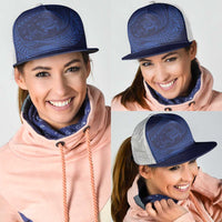 Hawaiian Turtle and Shark Mesh Trucker Cap Kakau Tribal with Polynesian Pattern Blue Color