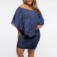 Hawaiian Turtle and Shark Off Shoulder Short Dress Kakau Tribal with Polynesian Pattern Blue Color
