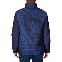 Hawaiian Turtle and Shark Padded Jacket Kakau Tribal with Polynesian Pattern Blue Color