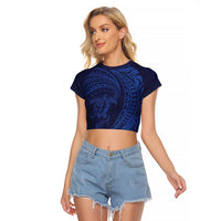 Hawaiian Turtle and Shark Raglan Cropped T Shirt Kakau Tribal with Polynesian Pattern Blue Color