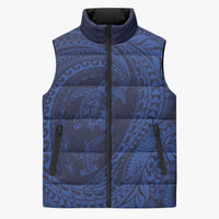 Hawaiian Turtle and Shark Sleeveless Puffer Jacket Kakau Tribal with Polynesian Pattern Blue Color