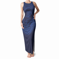 Hawaiian Turtle and Shark Tank Maxi Dress Kakau Tribal with Polynesian Pattern Blue Color