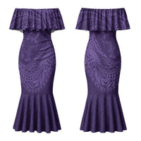 Hawaiian Turtle and Shark Family Matching Mermaid Dress and Hawaiian Shirt Kakau Tribal with Polynesian Pattern Purple Color