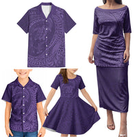 Hawaiian Turtle and Shark Family Matching Puletasi and Hawaiian Shirt Kakau Tribal with Polynesian Pattern Purple Color