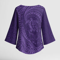 Hawaiian Turtle and Shark Kimono Sleeve Blouse Kakau Tribal with Polynesian Pattern Purple Color
