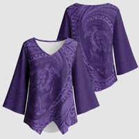 Hawaiian Turtle and Shark Kimono Sleeve Blouse Kakau Tribal with Polynesian Pattern Purple Color