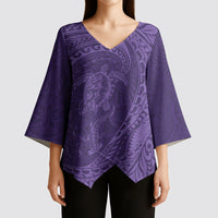 Hawaiian Turtle and Shark Kimono Sleeve Blouse Kakau Tribal with Polynesian Pattern Purple Color