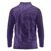 Hawaiian Turtle and Shark Long Sleeve Polo Shirt Kakau Tribal with Polynesian Pattern Purple Color