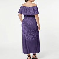 Hawaiian Turtle and Shark Off Shoulder Maxi Dress Kakau Tribal with Polynesian Pattern Purple Color