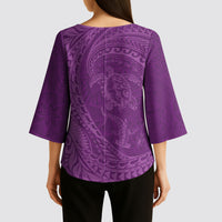 Hawaiian Turtle and Shark Kimono Sleeve Blouse Kakau Tribal with Polynesian Pattern Pink Color