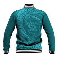 Hawaiian Turtle and Shark Baseball Jacket Kakau Tribal with Polynesian Pattern Turquoise Color