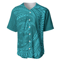 Hawaiian Turtle and Shark Baseball Jersey Kakau Tribal with Polynesian Pattern Turquoise Color