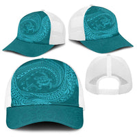 Hawaiian Turtle and Shark Baseball Net Cap Kakau Tribal with Polynesian Pattern Turquoise Color