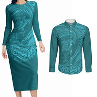 Hawaiian Turtle and Shark Couples Matching Long Sleeve Bodycon Dress and Long Sleeve Button Shirt Kakau Tribal with Polynesian Pattern Turquoise Color