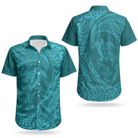 Hawaiian Turtle and Shark Couples Matching Off The Shoulder Long Sleeve Dress and Hawaiian Shirt Kakau Tribal with Polynesian Pattern Turquoise Color