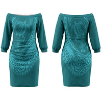 Hawaiian Turtle and Shark Couples Matching Off The Shoulder Long Sleeve Dress and Long Sleeve Button Shirt Kakau Tribal with Polynesian Pattern Turquoise Color