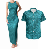 Hawaiian Turtle and Shark Couples Matching Tank Maxi Dress and Hawaiian Shirt Kakau Tribal with Polynesian Pattern Turquoise Color