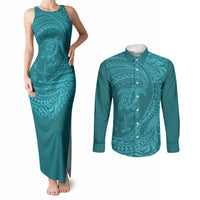 Hawaiian Turtle and Shark Couples Matching Tank Maxi Dress and Long Sleeve Button Shirt Kakau Tribal with Polynesian Pattern Turquoise Color