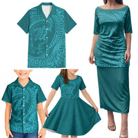 Hawaiian Turtle and Shark Family Matching Puletasi and Hawaiian Shirt Kakau Tribal with Polynesian Pattern Turquoise Color