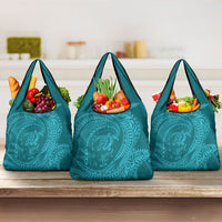 Hawaiian Turtle and Shark Grocery Bag Kakau Tribal with Polynesian Pattern Turquoise Color