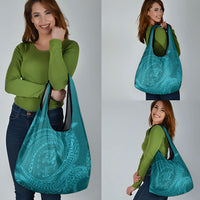 Hawaiian Turtle and Shark Grocery Bag Kakau Tribal with Polynesian Pattern Turquoise Color