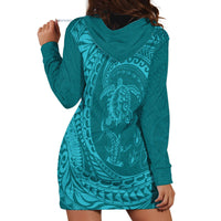 Hawaiian Turtle and Shark Hoodie Dress Kakau Tribal with Polynesian Pattern Turquoise Color
