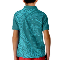 Hawaiian Turtle and Shark Kid Polo Shirt Kakau Tribal with Polynesian Pattern Turquoise Color